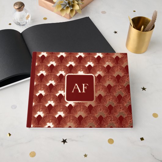 ホイルレッドアールデコパターン，ヴィンテージ，シック，エレガントベア ゲストブック (正面見開き)