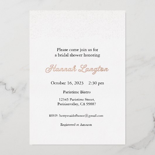 ホイルレースのブライダルシャワー招待，金ゴールド, Rosegold 箔招待状 (正面)