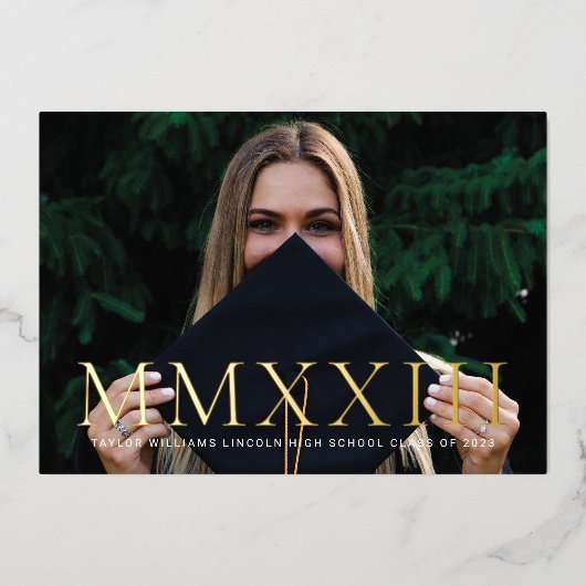 ホイルローマ数字写真の卒業発表 箔招待状 (正面)