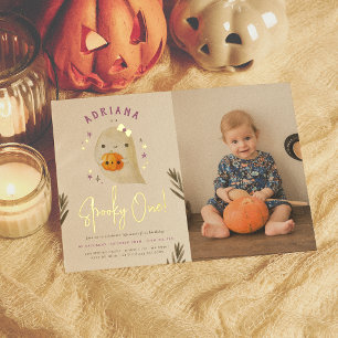 ホイル不気味ワンガールHalloween 1st Birthday Photo 箔招待状