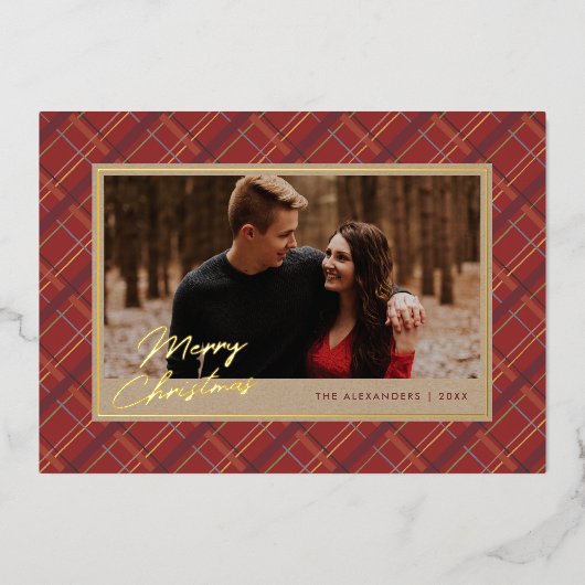 ホイル冬の格子模様クリスマスフォトカード – 赤 箔招待状 (正面)