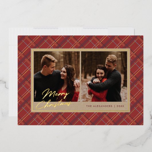 ホイル冬の格子模様クリスマス2フォトカード – 赤 箔招待状 (封筒)