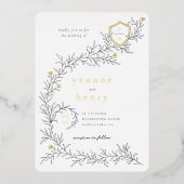 ホイル図解入りの、写真付きのボタニカルブラック&ホワイト結婚ズ 箔招待状 (正面)