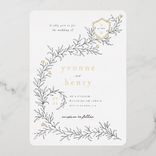 ホイル図解入りの、写真付きのボタニカルブラック&ホワイト結婚ズ 箔招待状 (正面)