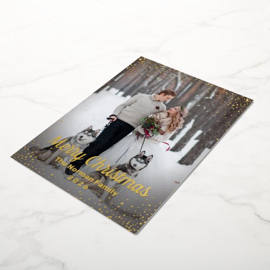 ホイル実在グリーン金ゴールドクリスマスフォトホリデーカード 箔招待状 (回転した状態)