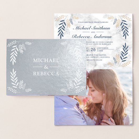 ホイル実在ダスティブルーブランチ結婚式招待状 箔カード (ディスプレー)
