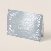 ホイル実在ダスティブルーブランチ結婚式招待状 箔カード (正面)