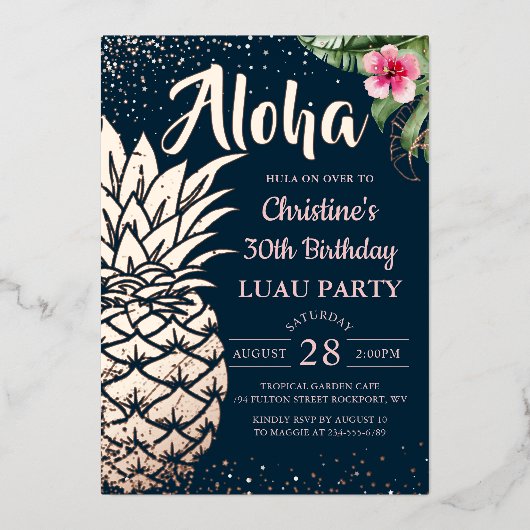 ホイル実在トロピカルパイナップルフローラルアウ（ハワイ式宴会）バラ金ゴールド 箔招待状 (正面)