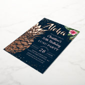 ホイル実在トロピカルパイナップルフローラルアウ（ハワイ式宴会）バラ金ゴールド 箔招待状 (回転した状態)