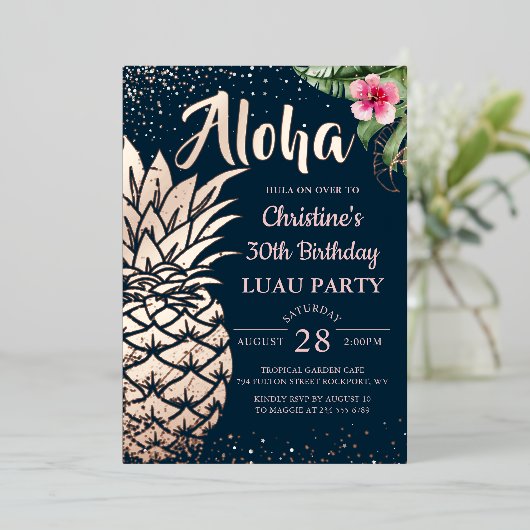 ホイル実在トロピカルパイナップルフローラルアウ（ハワイ式宴会）バラ金ゴールド 箔招待状 (立ち正面)