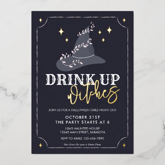 ホイル実在ドリンクのウィッチハローウィンパーティ招待状 箔シーズンカード (正面)