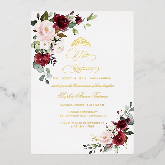 ホイル実在バルガンディフローラミクインスキンセアニラ 箔招待状 (正面)