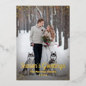 ホイル実在ブルー金ゴールドクリスマスフォトホリデーカード 箔招待状 (正面)