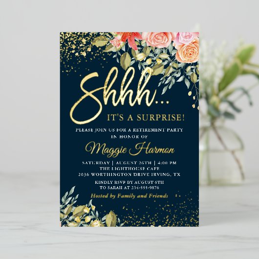 ホイル実在ブルー金ゴールドフローラサプライズ退職 箔招待状 (立ち正面)