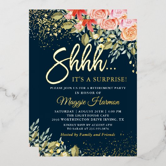 ホイル実在ブルー金ゴールドフローラサプライズ退職 箔招待状 (正面/裏面)