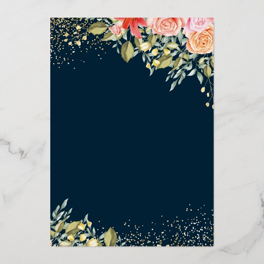 ホイル実在ブルー金ゴールドフローラサプライズ退職 箔招待状 (裏面)