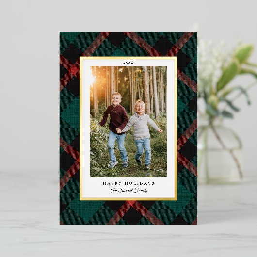ホイル実在レッドグリーンプレイドハッピーホリデーズ 箔シーズンカード (立ち正面)