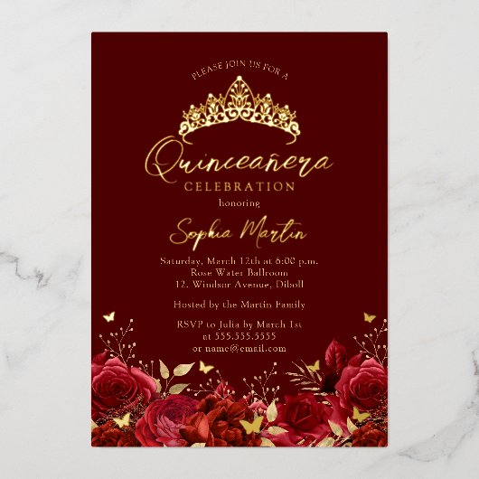 ホイル実在レッドフローラバタフライティアラキンセアニェラ 箔招待状 (正面)