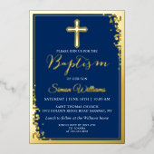 ホイル実在金ゴールドグリッターネイビーブルーボーイバプテスマ 箔招待状 (正面)