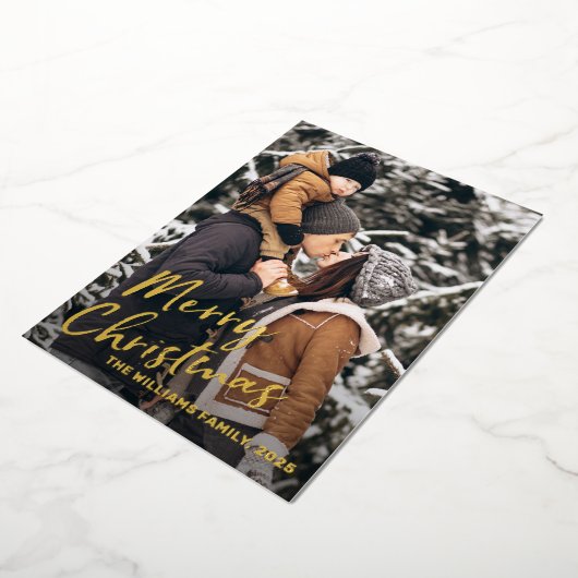 ホイル実在金ゴールドスクリプトクリスマスフォトホリデーカード 箔招待状 (回転した状態)