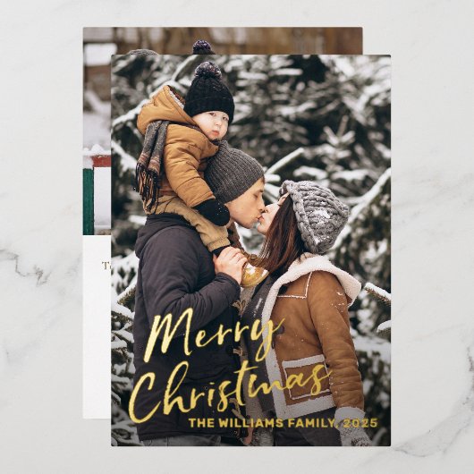 ホイル実在金ゴールドスクリプトクリスマスフォトホリデーカード 箔招待状 (正面/裏面)