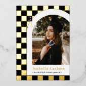 ホイル市松模様にアーチ写真卒業発表 箔招待状 (正面)