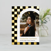 ホイル市松模様にアーチ写真卒業発表 箔招待状 (立ち正面)