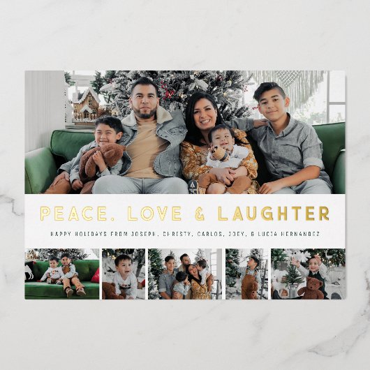 ホイル平和、愛、笑いマルチフォトホリデー 箔シーズンカード (正面)