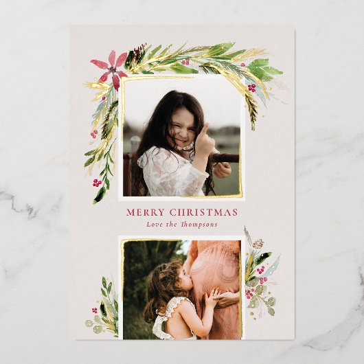 ホイル水の色の冬の緑のホリデーフォトカード 箔シーズンカード (正面)