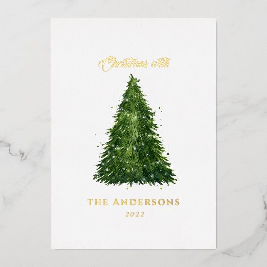 ホイル水の色の木のクリスマス休暇 箔シーズンカード (正面)