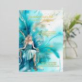 ホイル水色の妖精の王女ティール（緑がかった色）金ゴールドフローラ 箔招待状 (立ち正面)