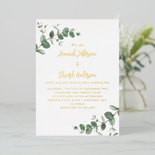 ホイル結婚の緑のユーカリ植物性招待状 箔招待状 (立ち正面)