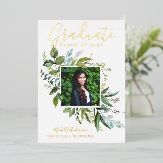 ホイル緑の金ゴールド写真卒業のお知らせ 箔招待状 (立ち正面)