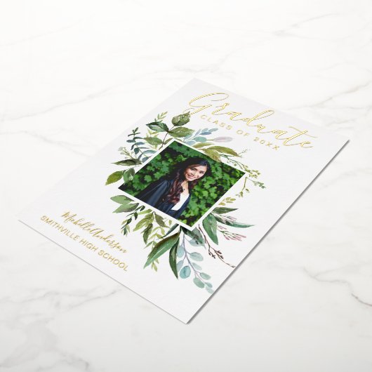 ホイル緑の金ゴールド写真卒業のお知らせ 箔招待状 (回転した状態)