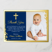 ホイル金ゴールドネイビーブルーバプテスマ写真サンキューカード 箔招待状 (正面)