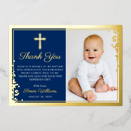 ホイル金ゴールドネイビーブルーバプテスマ写真サンキューカード 箔招待状 (正面)
