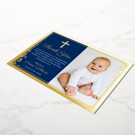 ホイル金ゴールドネイビーブルーバプテスマ写真サンキューカード 箔招待状 (回転した状態)