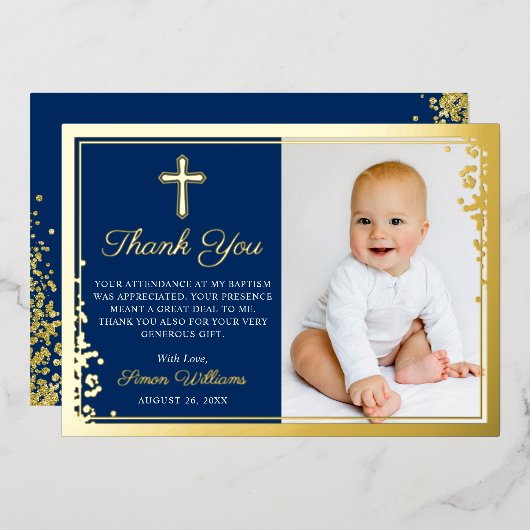 ホイル金ゴールドネイビーブルーバプテスマ写真サンキューカード 箔招待状 (正面/裏面)