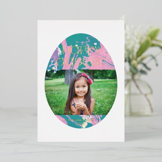 ホイル霜降りイースターエッグの休日のフォトカード – ピンク 箔シーズンカード (立ち正面)