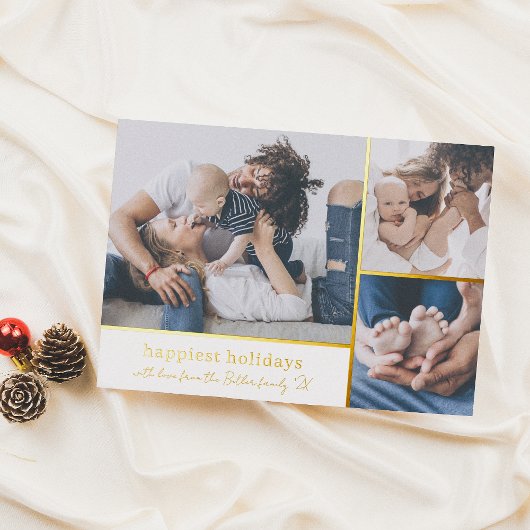 ホイル |ハッピーホリデー3写真シグネチャークリスマス 箔シーズンカード