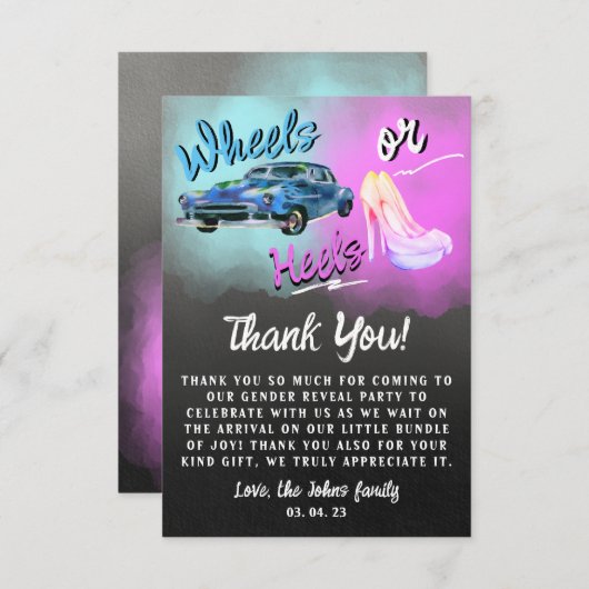 ホイールまたはヒールの性別がサンキューカードを明らかにする。 招待状 (正面/裏面)