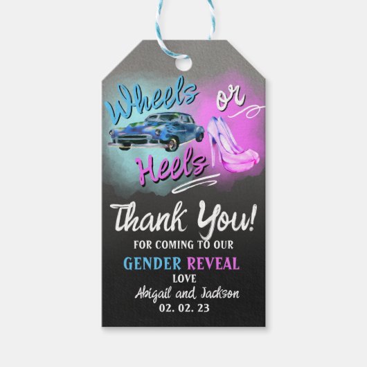 ホイールまたはヒールの性別がメッセージカードを明らかにする。 ギフトタグ (正面)