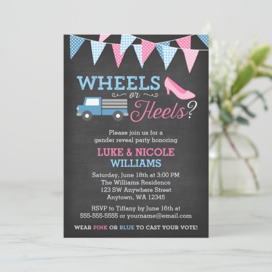 ホイールまたはヒール性別の表示パーティの招待状 招待状 (スタンド正面)