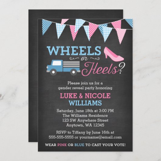 ホイールまたはヒール性別の表示パーティの招待状 招待状 (正面/裏面)
