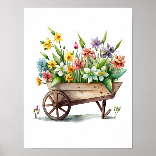 ホイールバレル内のピンク色の白い黄色の紫色の花 ポスター (正面)