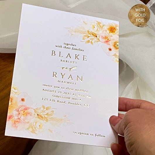 ホイ実在ルエレガントピーチ、赤面、シャンパン結婚ズ 箔招待状