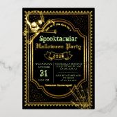 ホイ実在ルゴシックブラック金ゴールドスカルハローウィンパーティ 箔招待状 (正面)