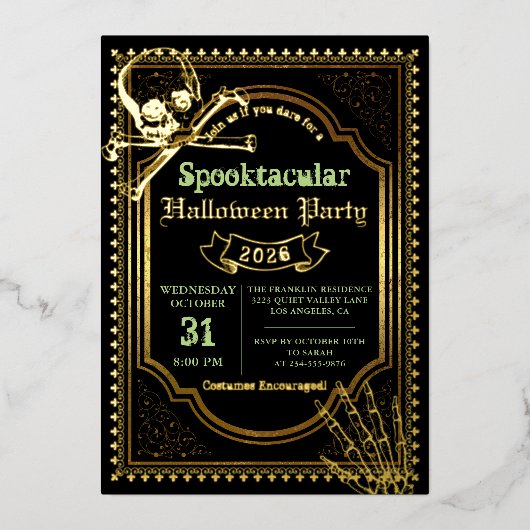 ホイ実在ルゴシックブラック金ゴールドスカルハローウィンパーティ 箔招待状 (正面)