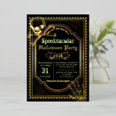ホイ実在ルゴシックブラック金ゴールドスカルハローウィンパーティ 箔招待状 (立ち正面)