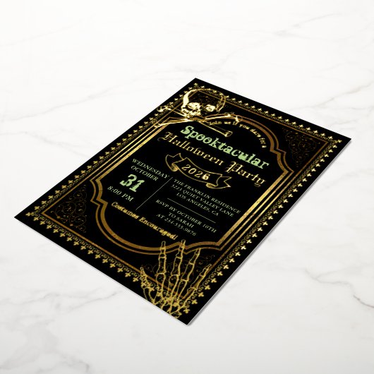 ホイ実在ルゴシックブラック金ゴールドスカルハローウィンパーティ 箔招待状 (回転した状態)